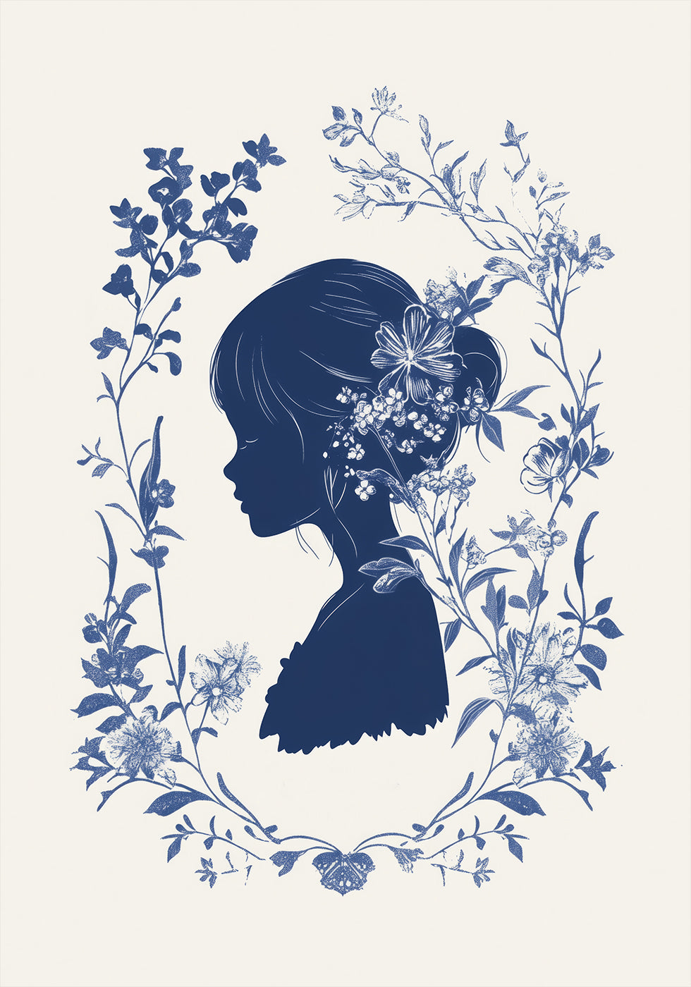 Floral Silhouette, Girl in Bloom, Indigo Botanical Plakat - Posterbox.dk