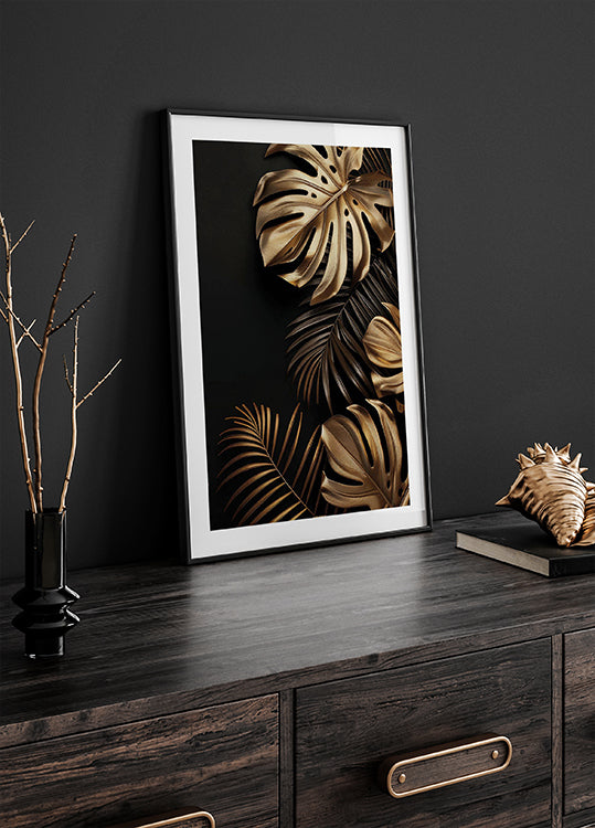 Golden Monstera & Palm Leaf II Plakat - Posterbox.dk