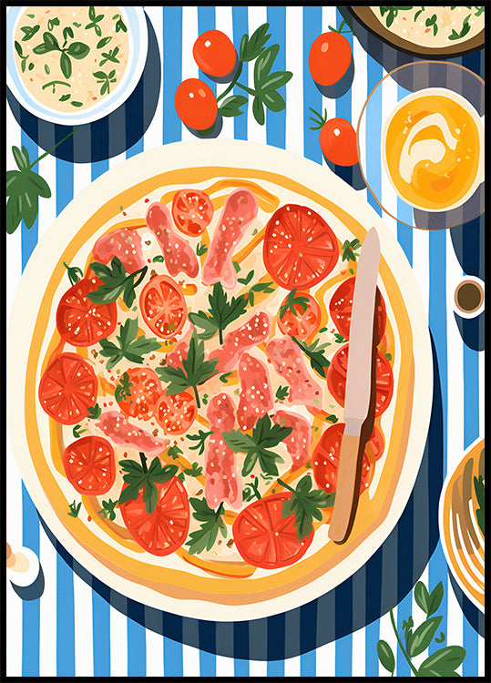 Italian Pizza, Tomato Parsley Topping, Striped Table Plakat - Posterbox.dk