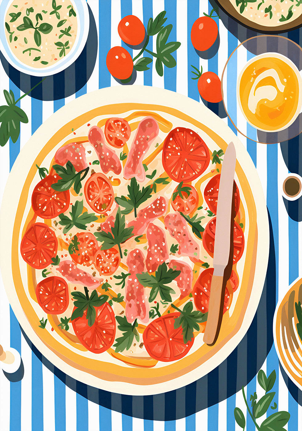 Italian Pizza, Tomato Parsley Topping, Striped Table Plakat - Posterbox.dk