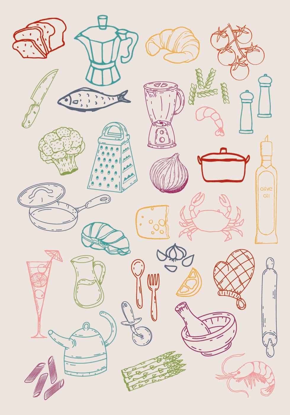 Kitchen Collage, Colorful Cooking Ingredient Icons Plakat - Posterbox.dk