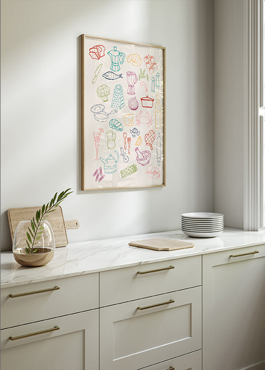 Kitchen Collage, Colorful Cooking Ingredient Icons Plakat - Posterbox.dk