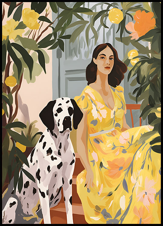 Lady in Yellow with Dalmatian, floral summer portrait Print Plakat - Posterbox.dk