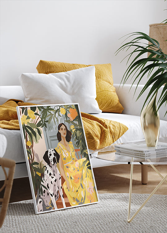 Lady in Yellow with Dalmatian, floral summer portrait Print Plakat - Posterbox.dk