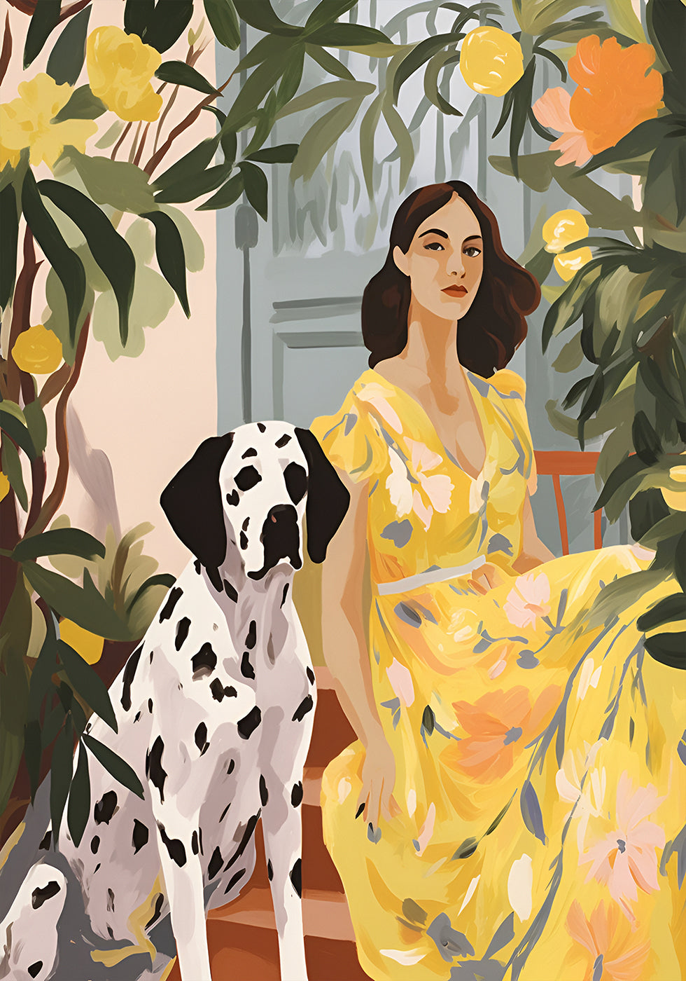 Lady in Yellow with Dalmatian, floral summer portrait Print Plakat - Posterbox.dk