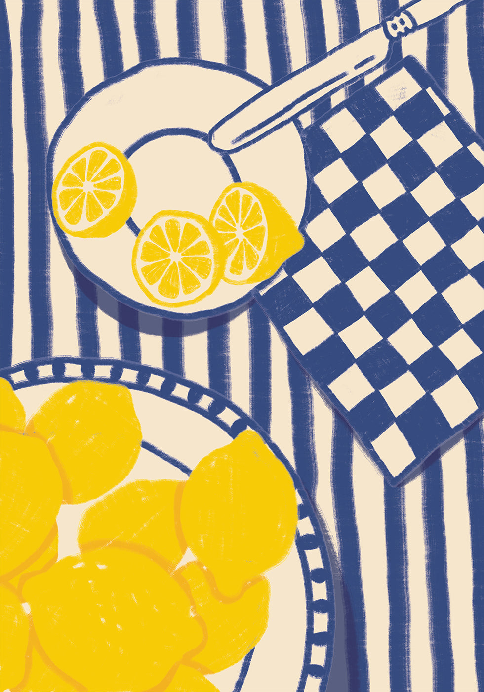 Lemon Sweetness, Playful Mediterranean Kitchen with Blue Stripes Plakat - Posterbox
