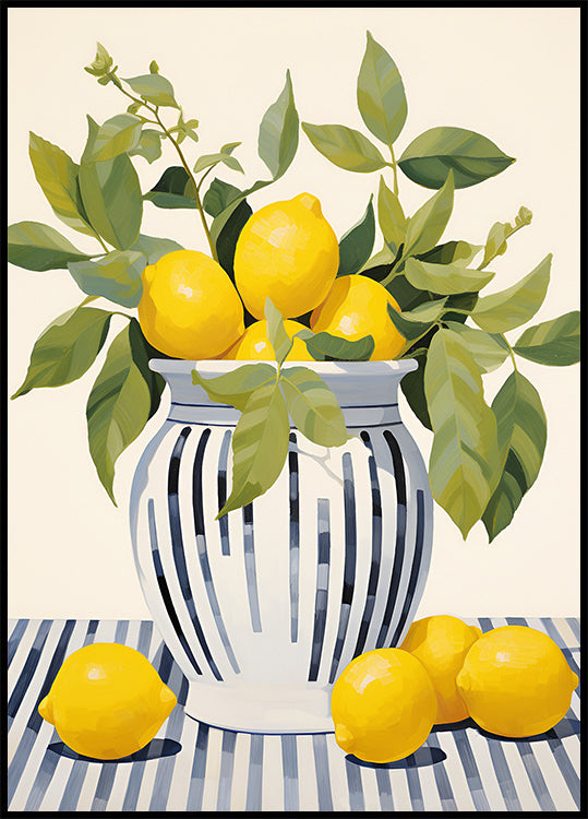 Lemons in a Striped Vase, Mediterranean Still Life Plakat - Posterbox.dk