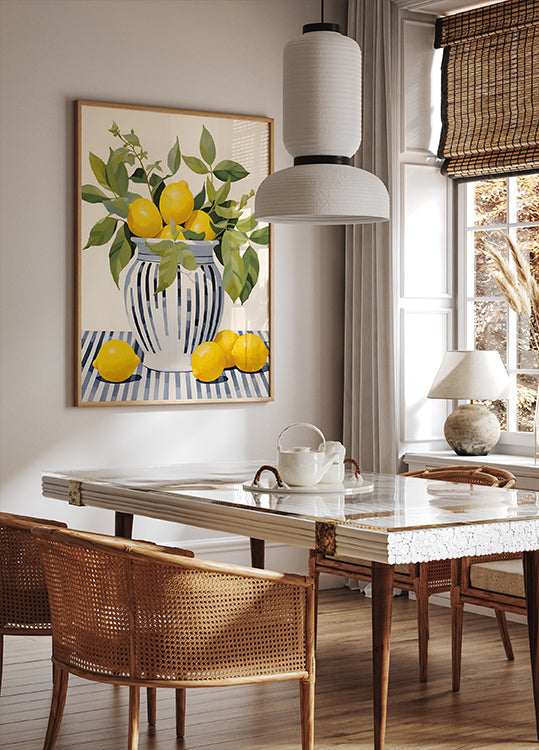 Lemons in a Striped Vase, Mediterranean Still Life Plakat - Posterbox.dk