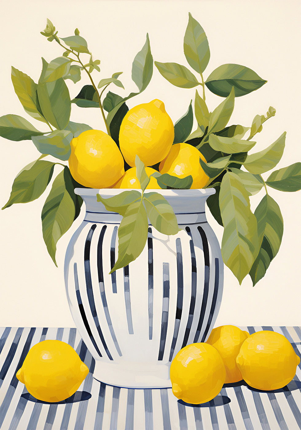 Lemons in a Striped Vase, Mediterranean Still Life Plakat - Posterbox.dk