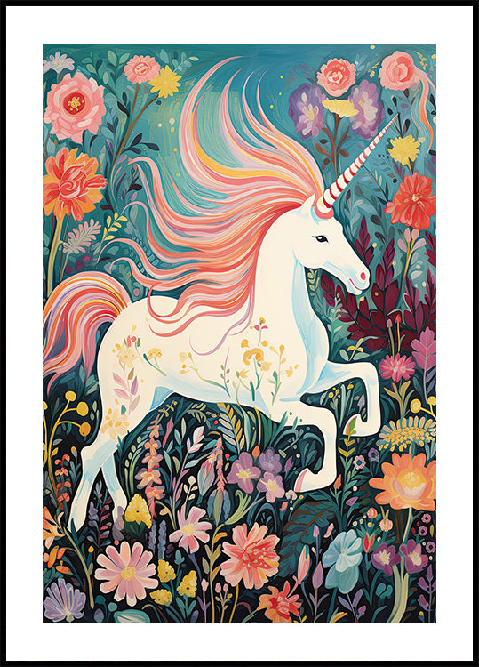 Magical Unicorn In Floral Meadow Plakat - Posterbox.dk