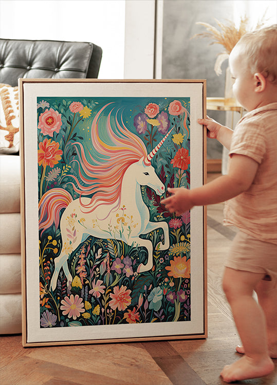 Magical Unicorn In Floral Meadow Plakat - Posterbox.dk