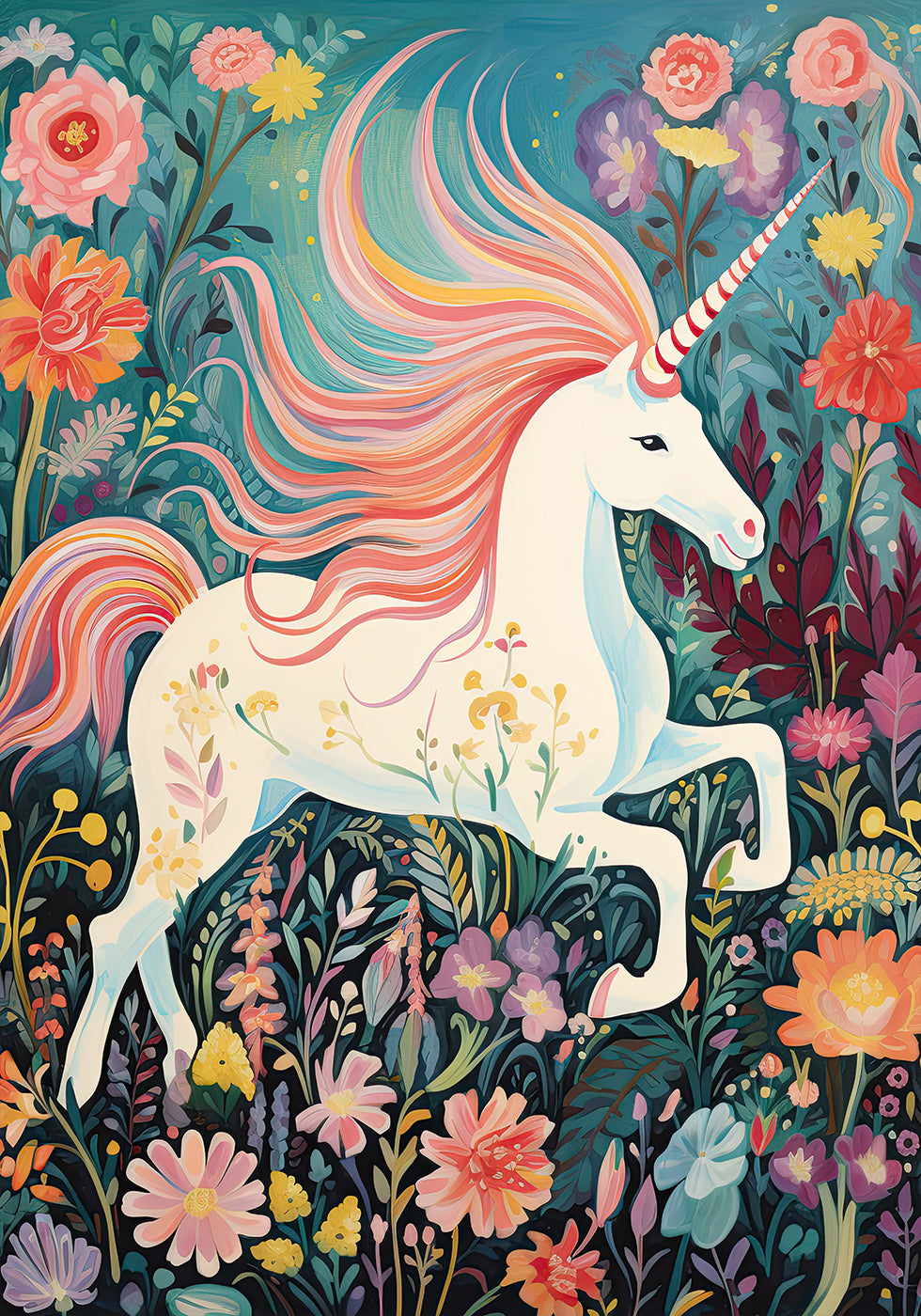 Magical Unicorn In Floral Meadow Plakat - Posterbox.dk