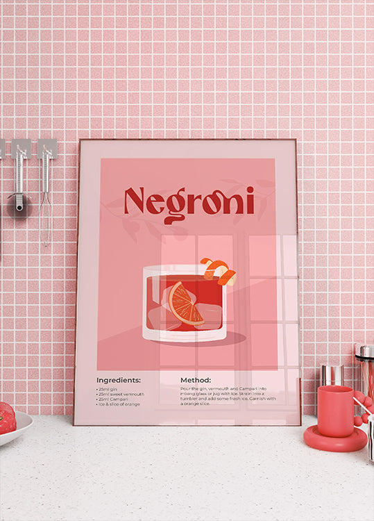 Negroni Cocktail Poster, Minimalist Drink Recipe Plakat - Posterbox.dk