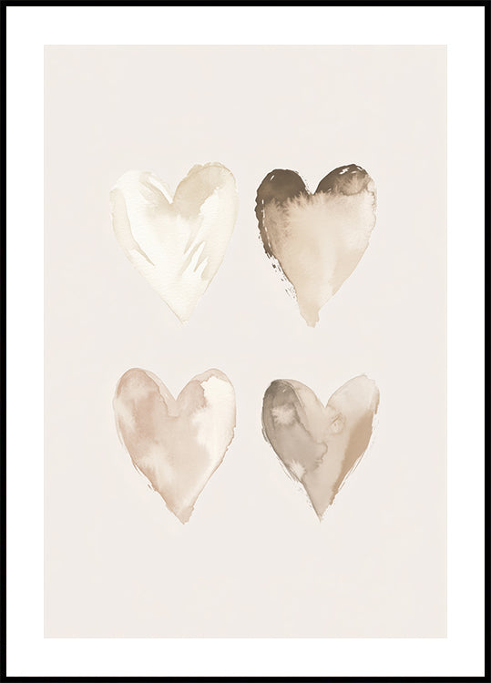 Neutral Watercolor Hearts, Beige Tones, Kids Plakat - Posterbox.dk