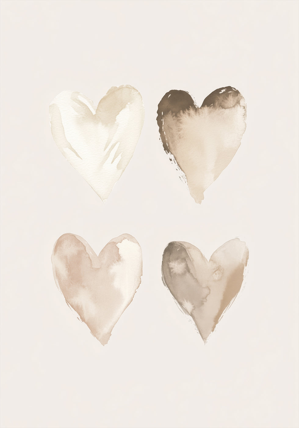 Neutral Watercolor Hearts, Beige Tones, Kids Plakat - Posterbox.dk