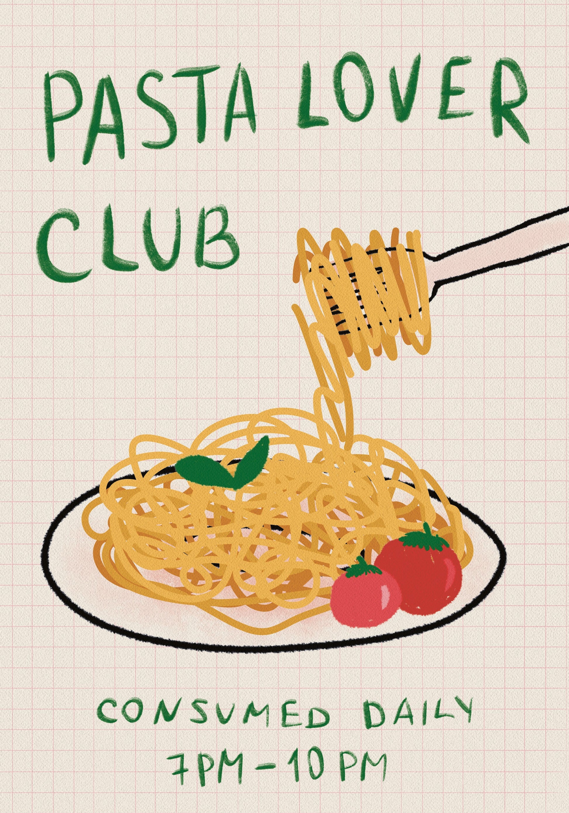 Pasta Lover Club, Hand-drawn Spaghetti Dinner Plakat - Posterbox.dk