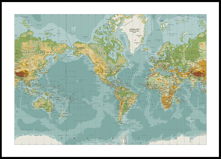 Physical World Map Plakat - Posterbox.dk