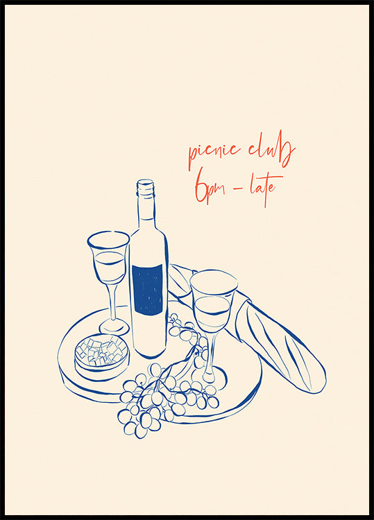 Picnic Club Print, Wine and Cheese Plakat - Posterbox.dk