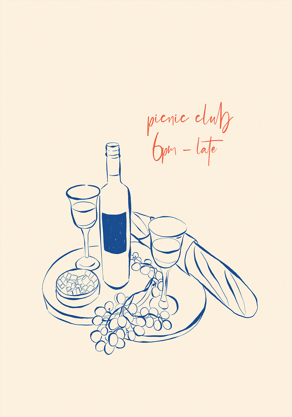 Picnic Club Print, Wine and Cheese Plakat - Posterbox.dk