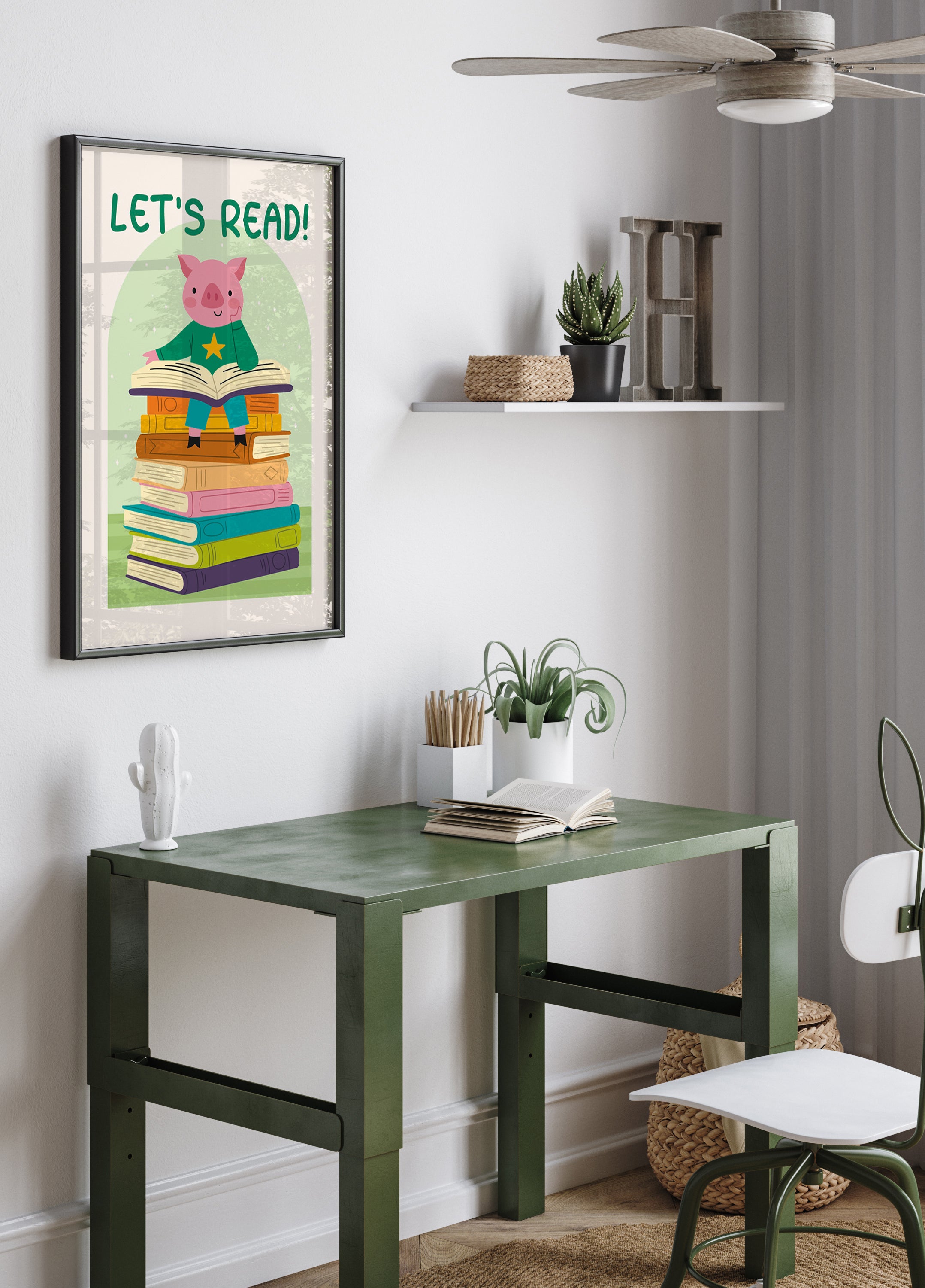 Pig Reading On Book stack, Let’s Read Plakat - Posterbox.dk
