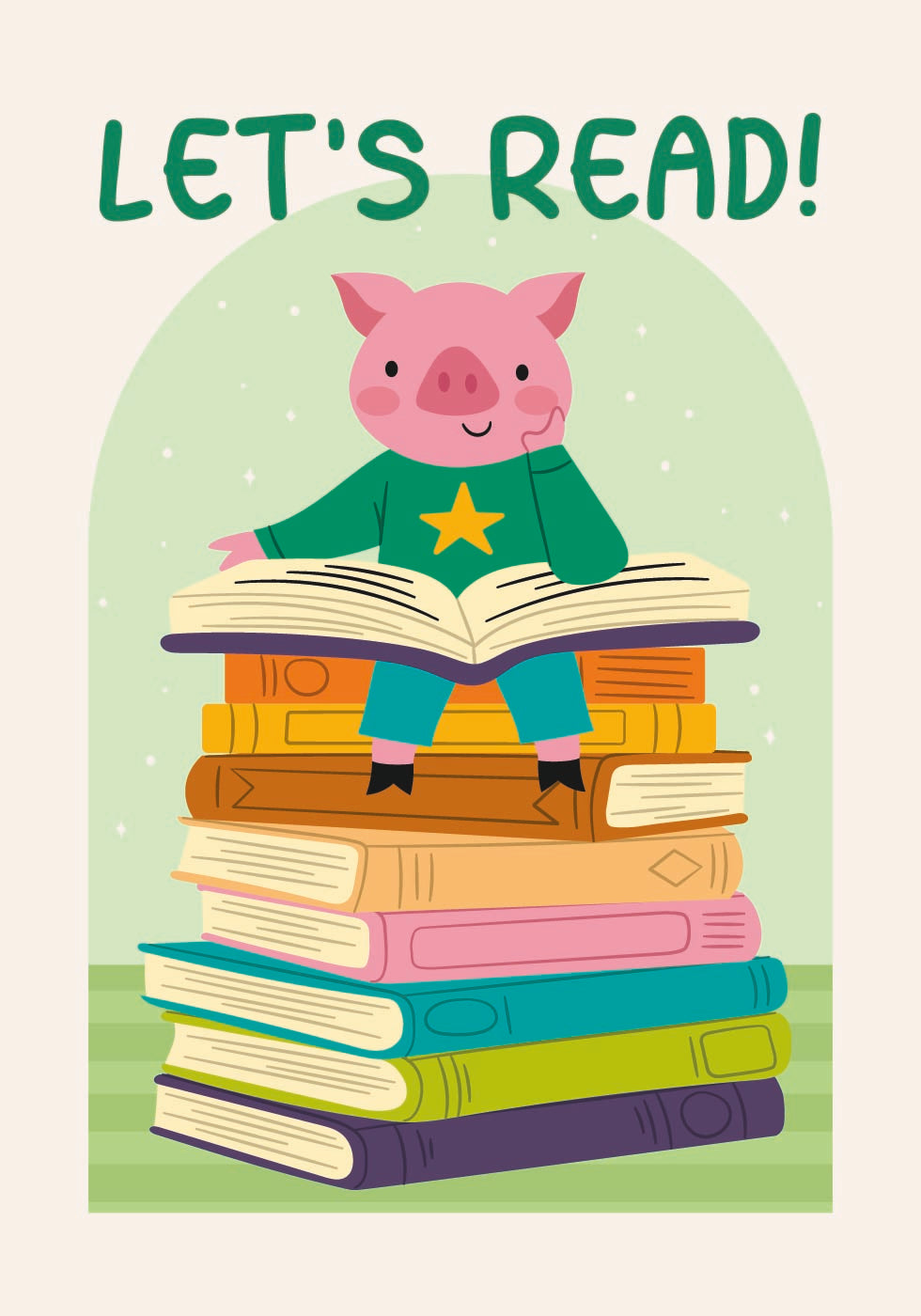 Pig Reading On Book stack, Let’s Read Plakat - Posterbox.dk