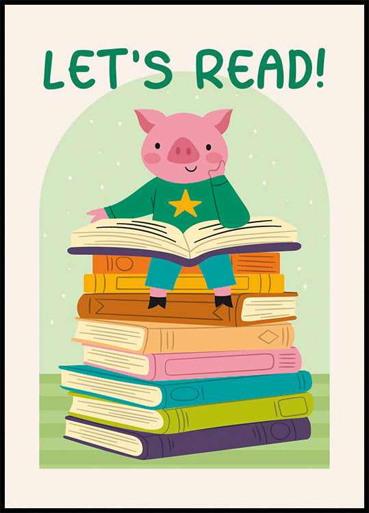 Pig Reading On Book stack, Let’s Read Plakat - Posterbox.dk