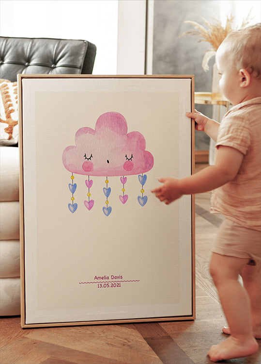 Pink Watercolor Cloud, Personalized Baby girl Plakat - Posterbox.dk