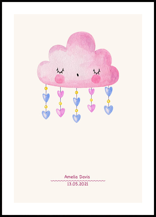 Pink Watercolor Cloud, Personalized Baby girl Plakat - Posterbox.dk