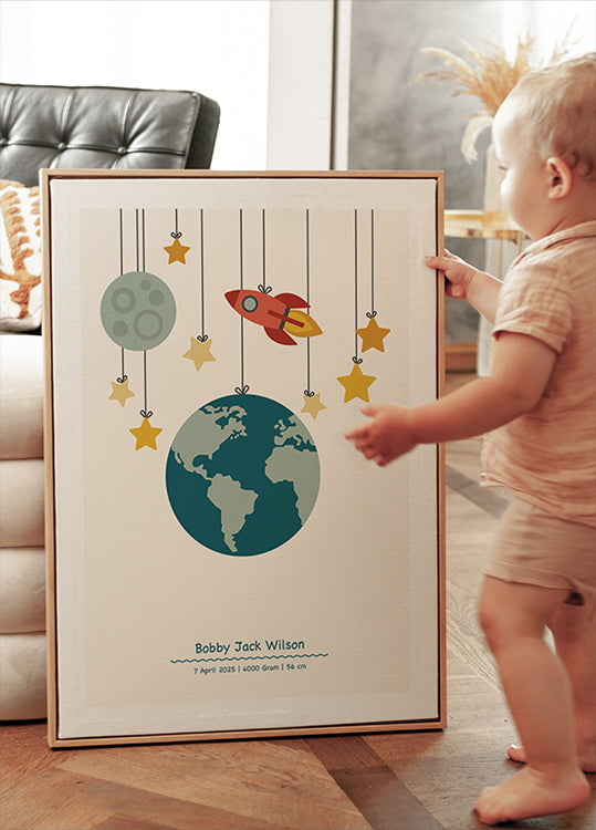 Rocket And Planets, Personalized Baby Boy Plakat - Posterbox.dk