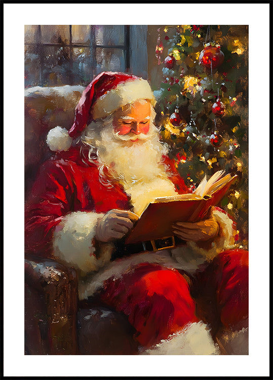 Santa Claus Reading a Book Plakat - Posterbox.dk