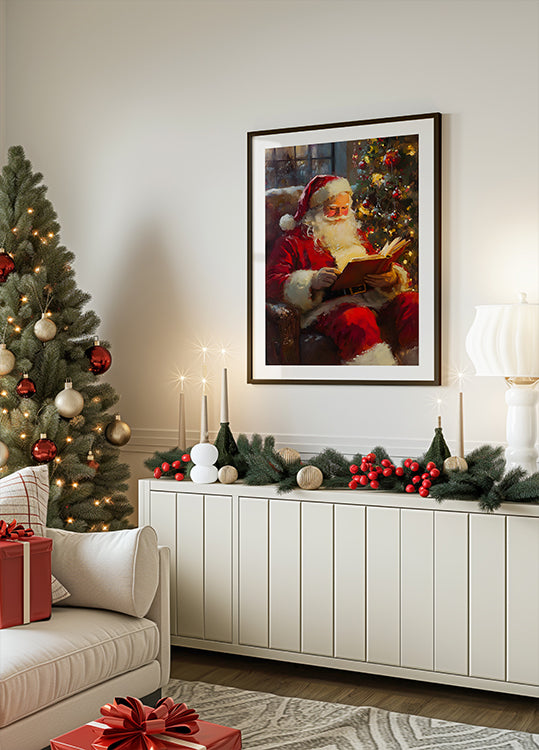 Santa Claus Reading a Book Plakat - Posterbox.dk