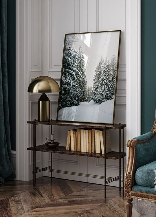 Snowy Road Through Evergreen Forest Plakat - Posterbox.dk