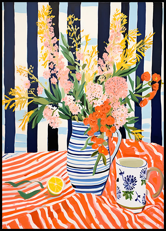 Summer Flowers, Striped Vase, Lemon Still Life Plakat - Posterbox.dk