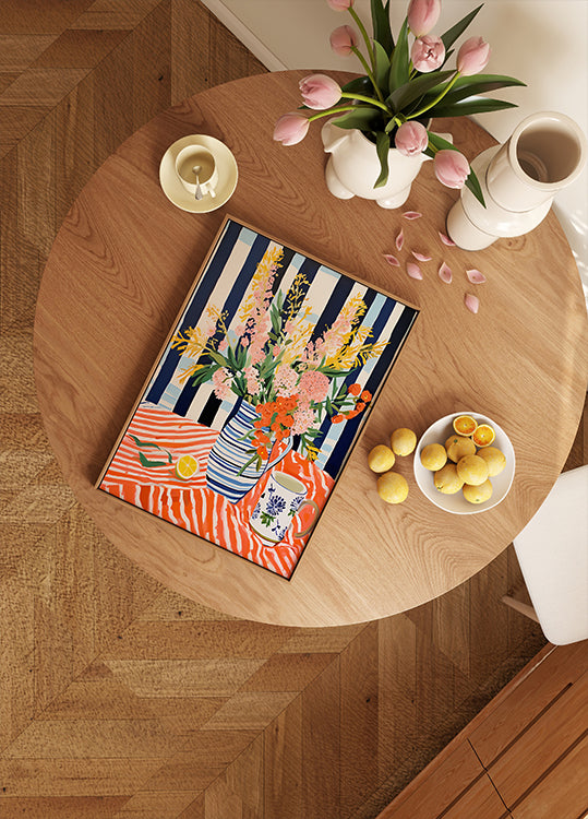 Summer Flowers, Striped Vase, Lemon Still Life Plakat - Posterbox.dk