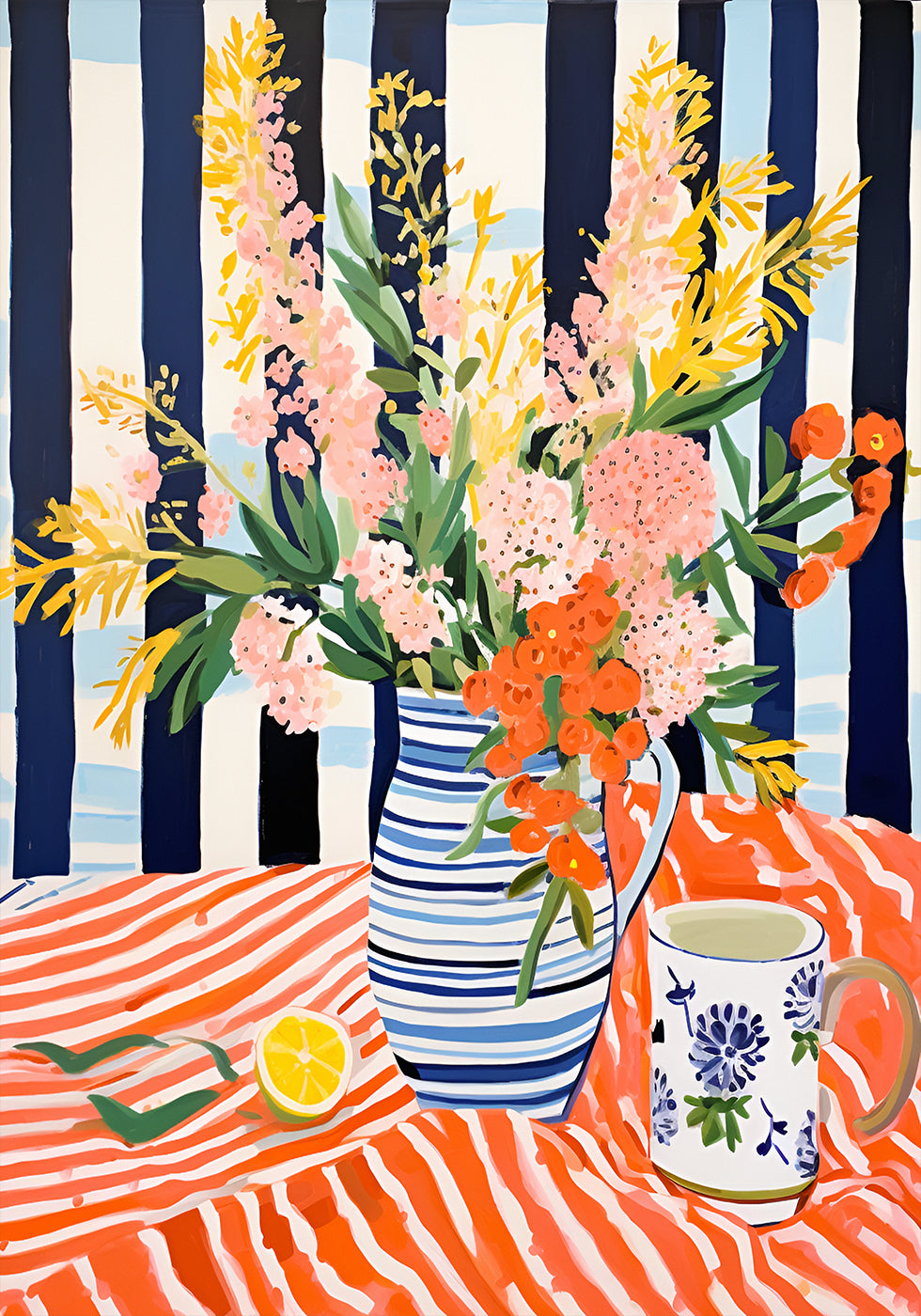 Summer Flowers, Striped Vase, Lemon Still Life Plakat - Posterbox.dk