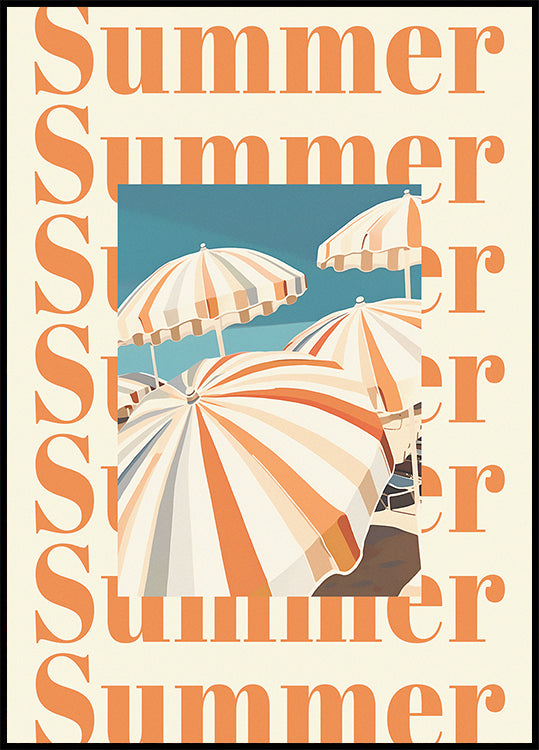 Summer Umbrellas Print, Striped Parasols Art, Coastal Beach Scene Plakat - Posterbox.dk