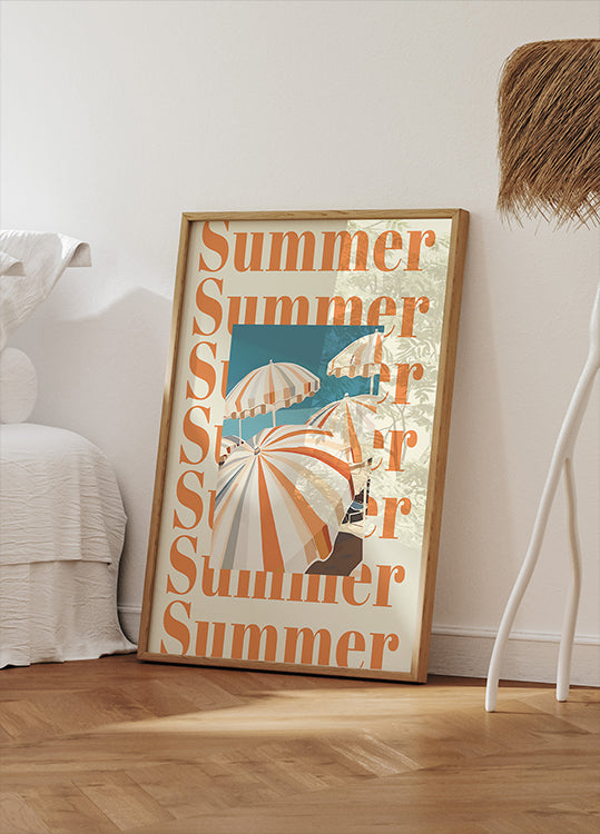 Summer Umbrellas Print, Striped Parasols Art, Coastal Beach Scene Plakat - Posterbox.dk