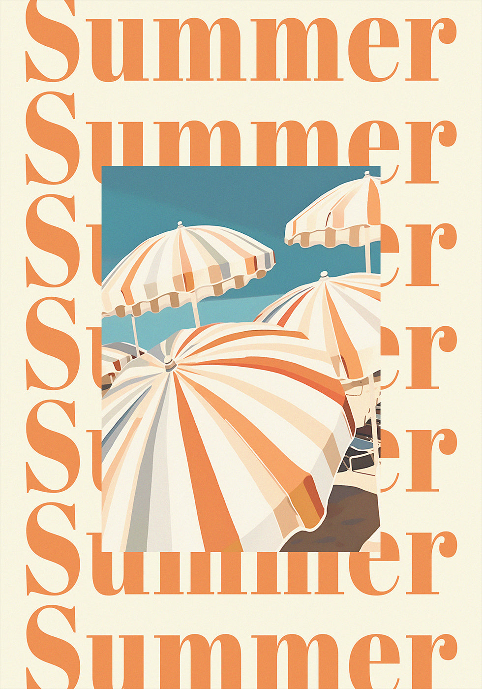 Summer Umbrellas Print, Striped Parasols Art, Coastal Beach Scene Plakat - Posterbox.dk