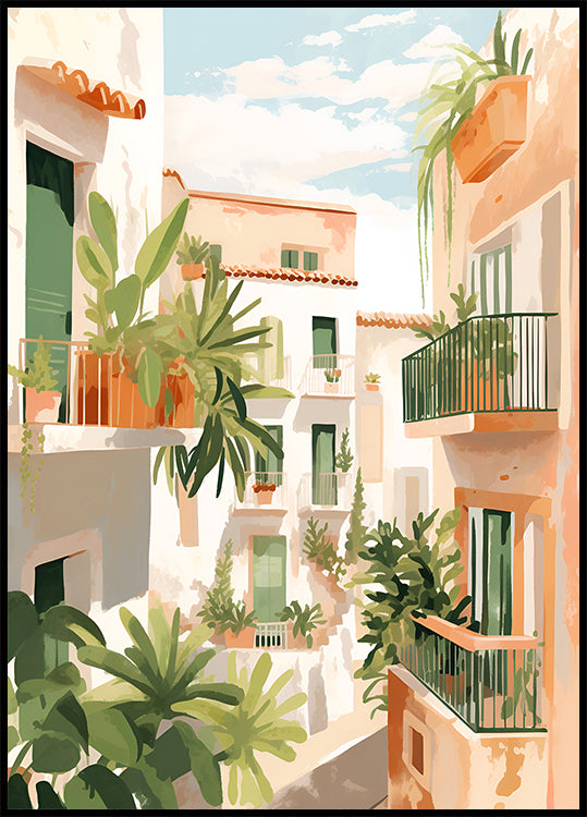 Sunlit Balconies, Mediterranean Courtyard Plakat - Posterbox.dk