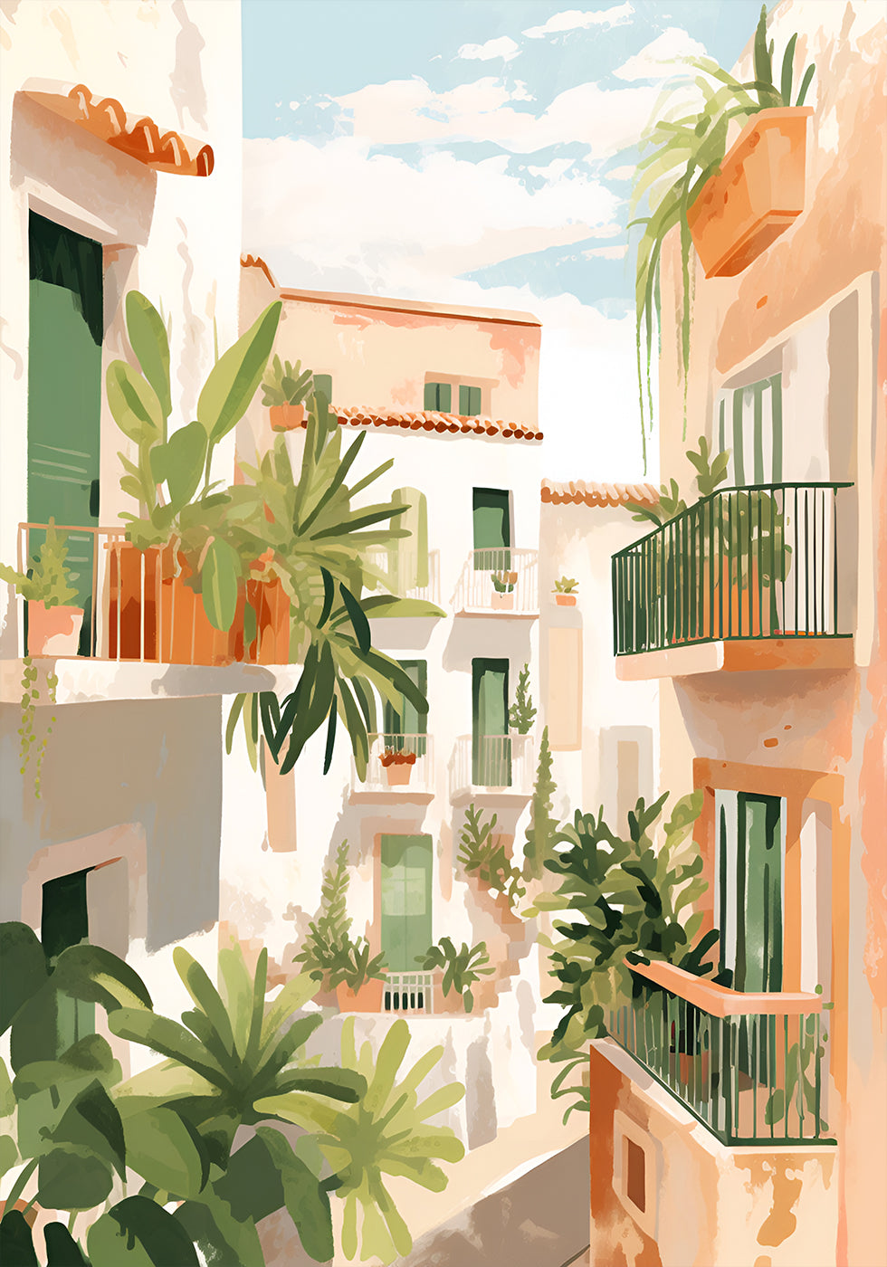 Sunlit Balconies, Mediterranean Courtyard Plakat - Posterbox.dk