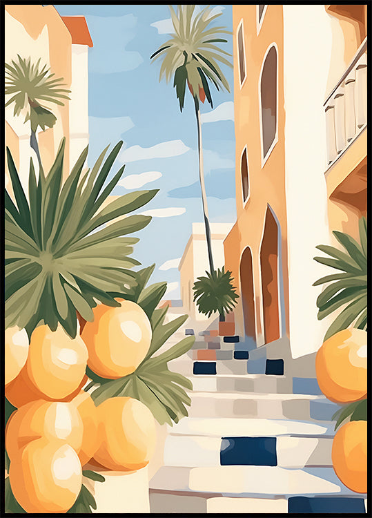 Sunny Citrus Street, Mediterranean Village Steps Plakat - Posterbox.dk