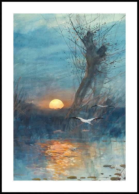 Sunset Over The Pond With Storks Plakat - Posterbox.dk