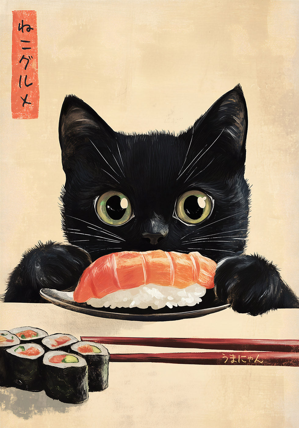 Sushi Lover Cat, Japanese-Inspired Feline Art Plakat - Posterbox.dk