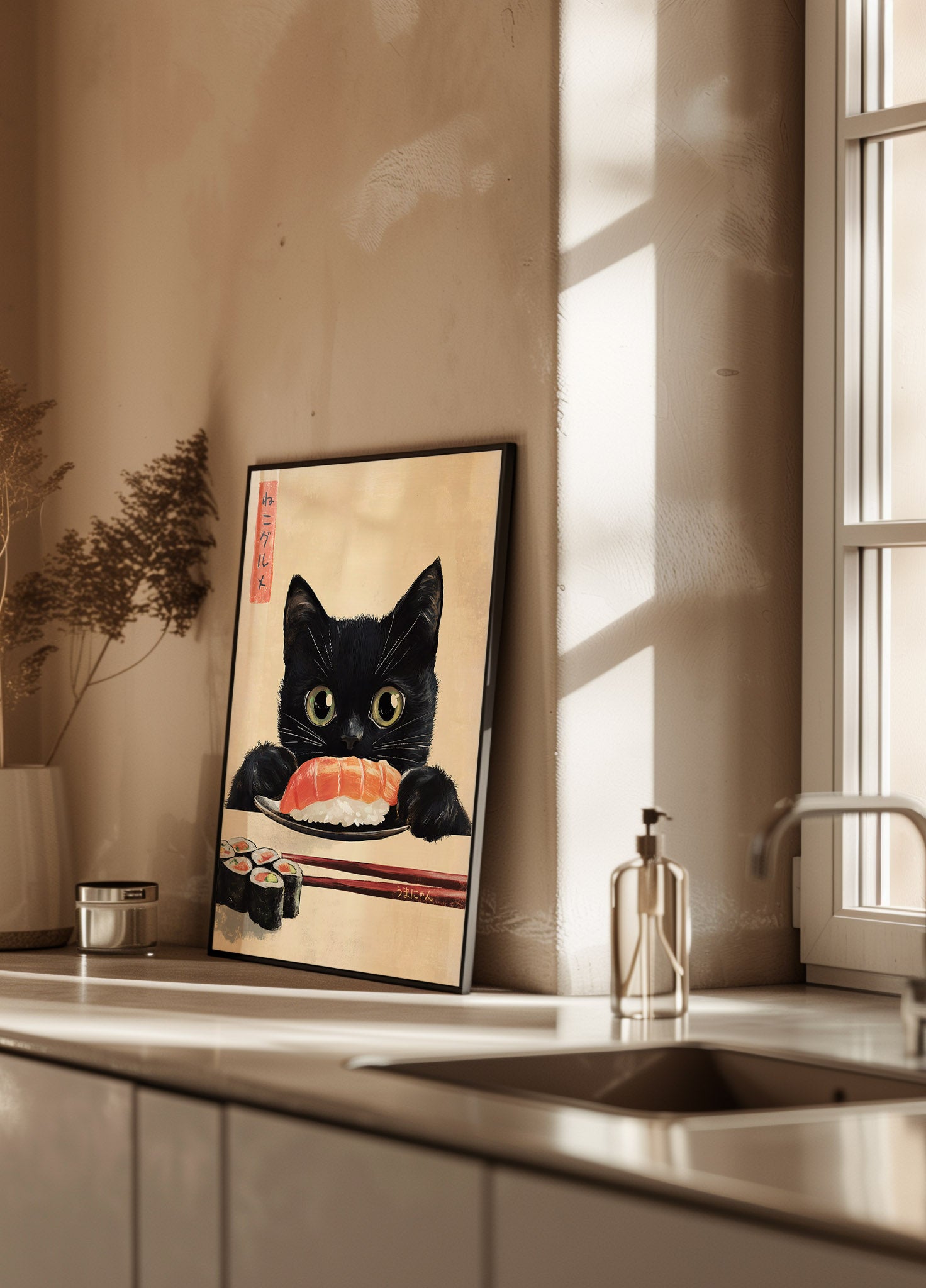 Sushi Lover Cat, Japanese-Inspired Feline Art Plakat - Posterbox.dk