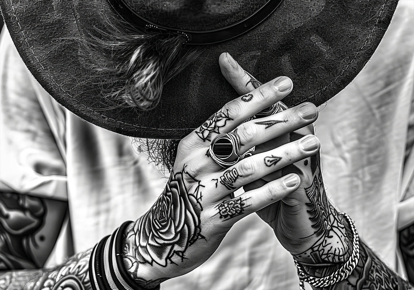 Tattooed Hands and Hat Plakat - Posterbox.dk