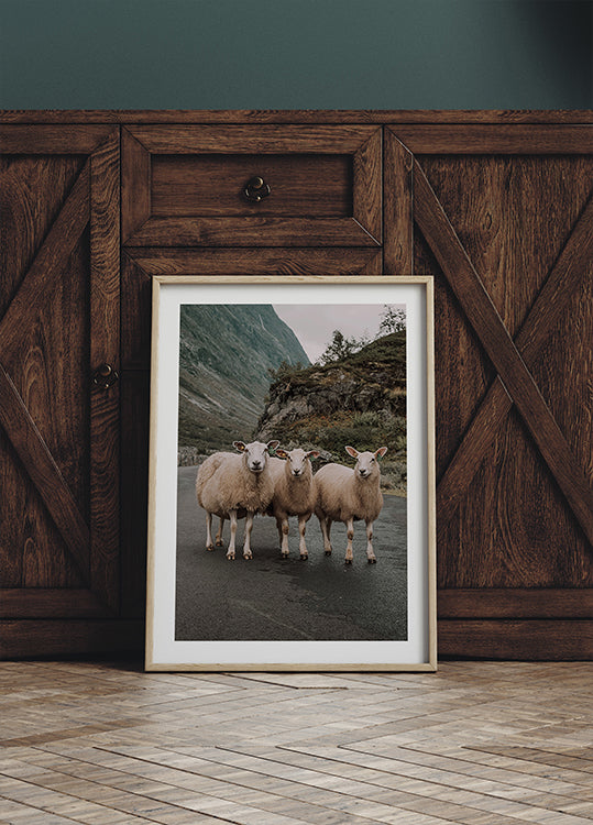 Three Sheep in Mountain Landscape Plakat - Posterbox.dk
