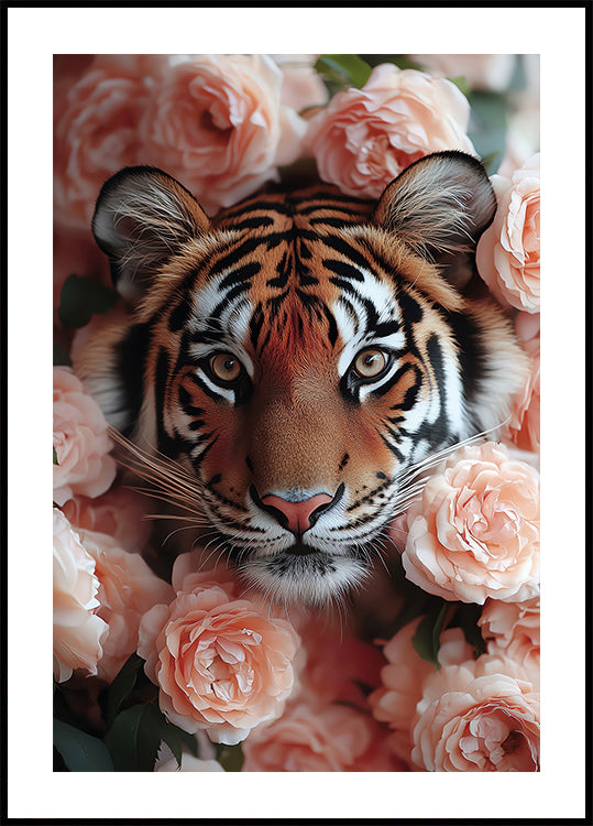 Tiger Among Peach Roses Plakat - Posterbox.dk