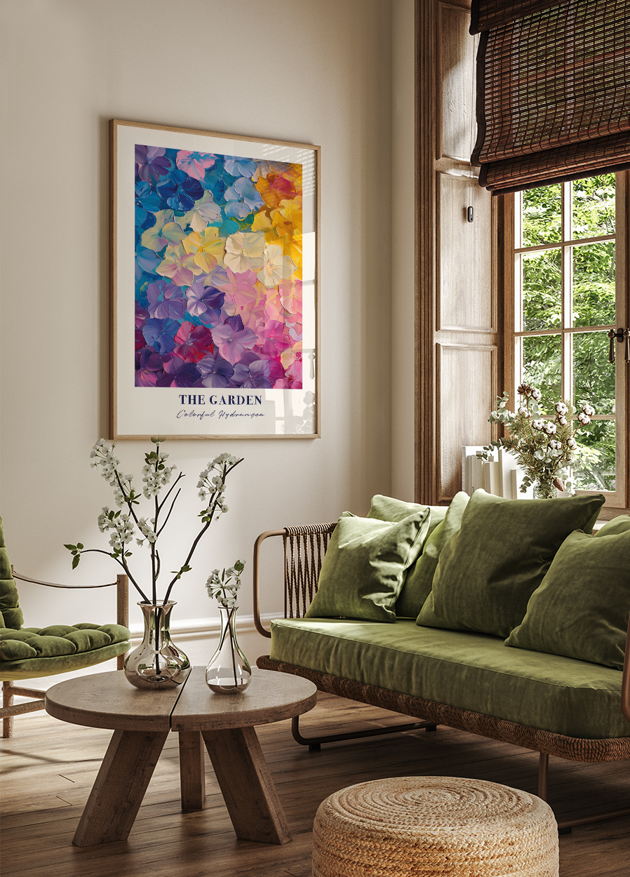 a living room filled with furniture and a painting on the wall