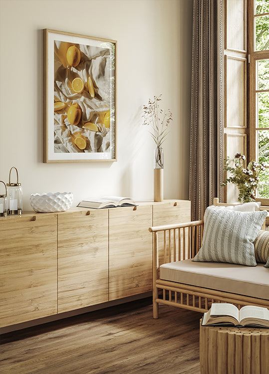 Vibrant Lemons on Textured Fabric Plakat - Posterbox.dk