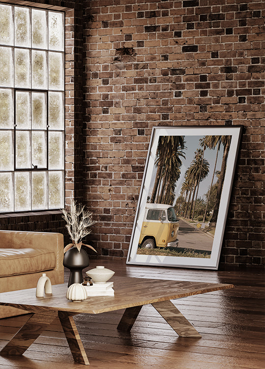 Vintage Yellow Van Among California Palm Trees Plakat - Posterbox.dk